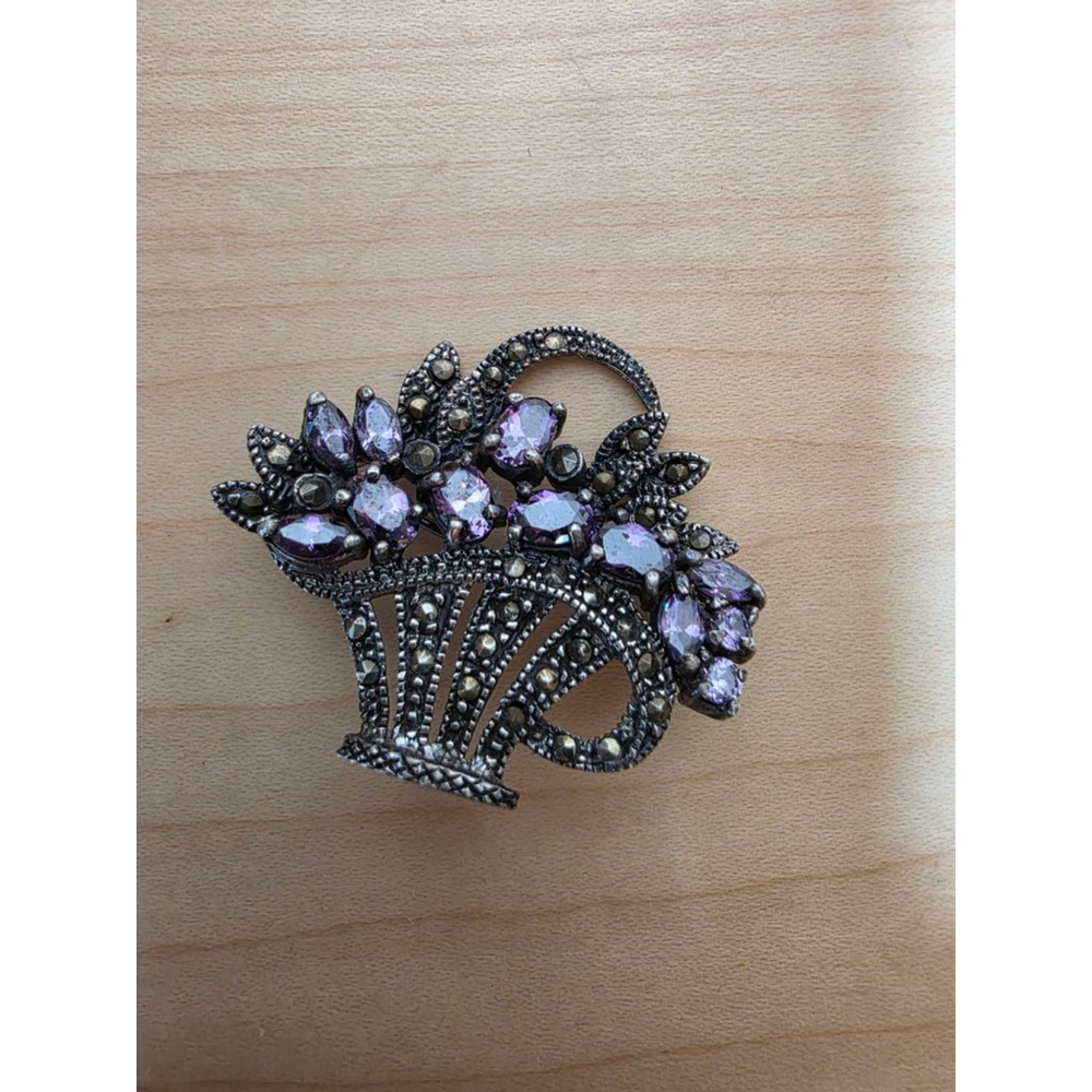 Women's Vintage Sterling Silver and Amethyst  Flower Basket Brooch